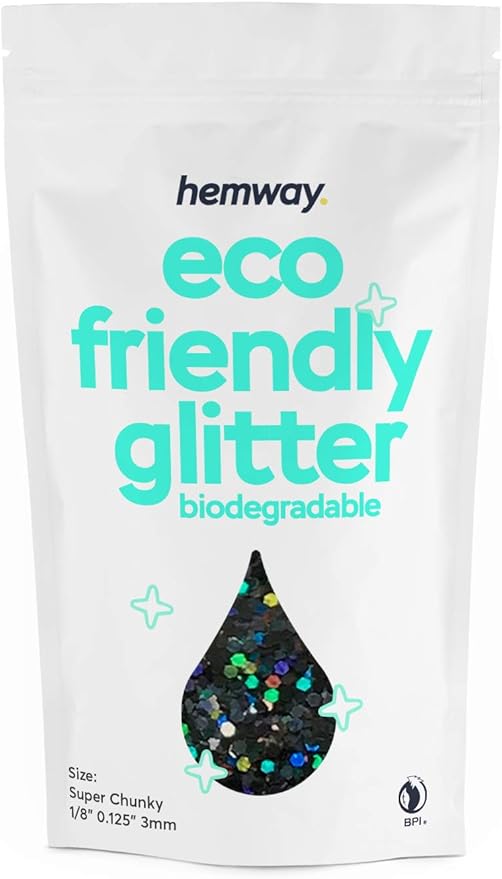 Hemway Eco Friendly Biodegradable Glitter 100g / 3.5oz Bio Cosmetic Safe Sparkle Vegan for Face, Eyeshadow, Body, Hair, Nail and Festival Makeup - Super Chunky (1/8" 0.125" 3mm) - Black Holographic