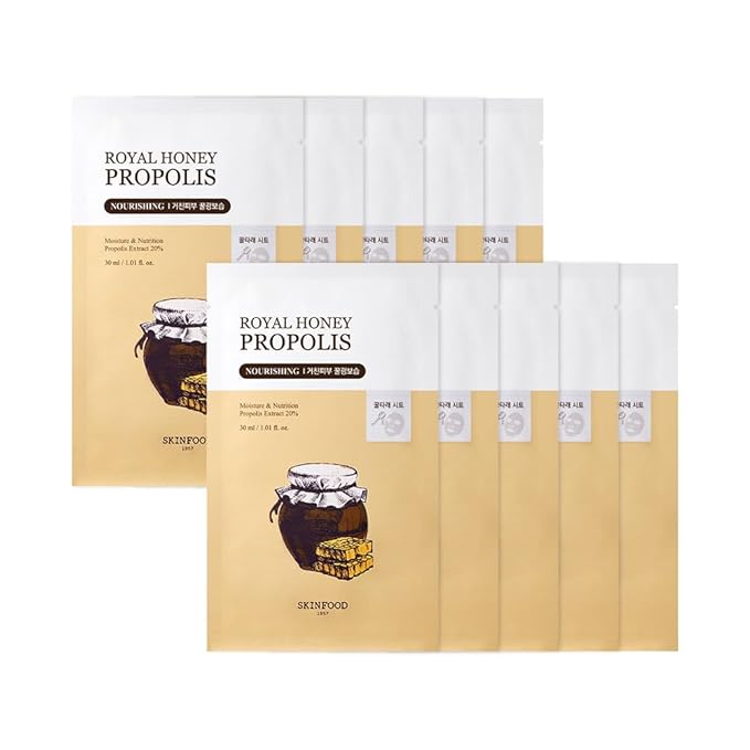 SKINFOOD Royal Honey Mask10ea Set - Bee Propolis Extract, Royal Honey Extract, Intensely nourishes and hydrates tired and dull skin 9.1fl.oz, 270ml