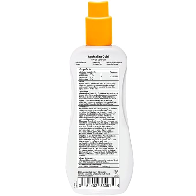 Australian Gold Spray Gel Sunscreen Moisturize Hydrate Skin, Broad Spectrum, Water Resistant, NonGreasyc, Oxybenzone Free, Cruelty Free, SPF 30, Coconut, 8 Ounce (A70892)