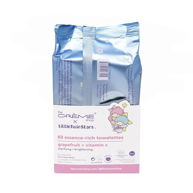 The Crème Shop Little Twin Stars 3-In-1 Complete Cleansing Wipes - Grapefruit | Make Up Remover | Cleansing Wipes | Hydrating Makeup Wipes (60 Pre-Wet Wipes)