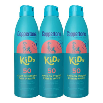 Coppertone Kids Sunscreen Spray SPF 50, Water Resistant Spray Sunscreen for Kids, Free From Oxybenzone, Octinoxate, PABA and Dyes, Pediatrician Recommended Sunblock, 5.5 Oz Can, Pack of 3