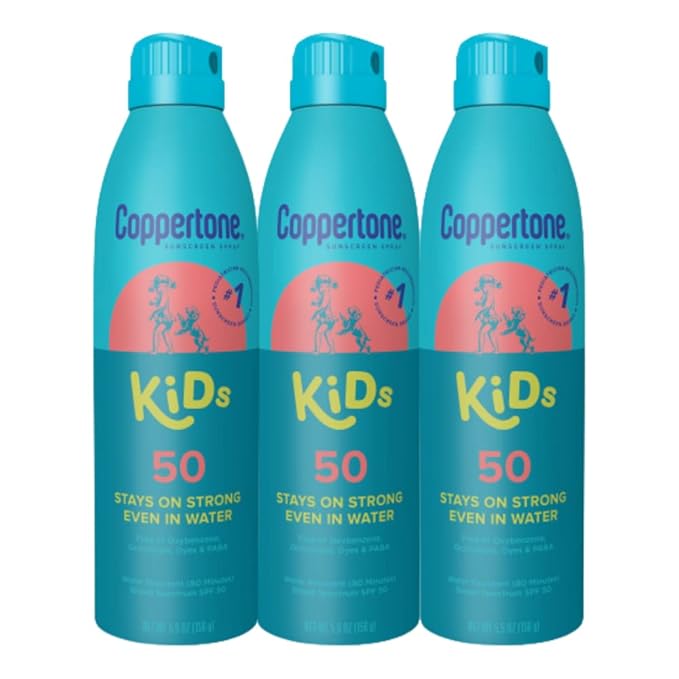 Coppertone Kids Sunscreen Spray SPF 50, Water Resistant Spray Sunscreen for Kids, Free From Oxybenzone, Octinoxate, PABA and Dyes, Pediatrician Recommended Sunblock, 5.5 Oz Can, Pack of 3