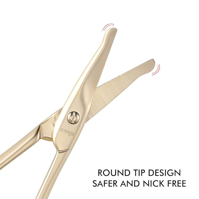 LIVINGO 3.75" Small Safety Facial Nose Hair Scissors, Curved Blade with Rounded Tip Stainless Steel for Manicure Cuticle, Eyebrow, Dry Skin (Gold)