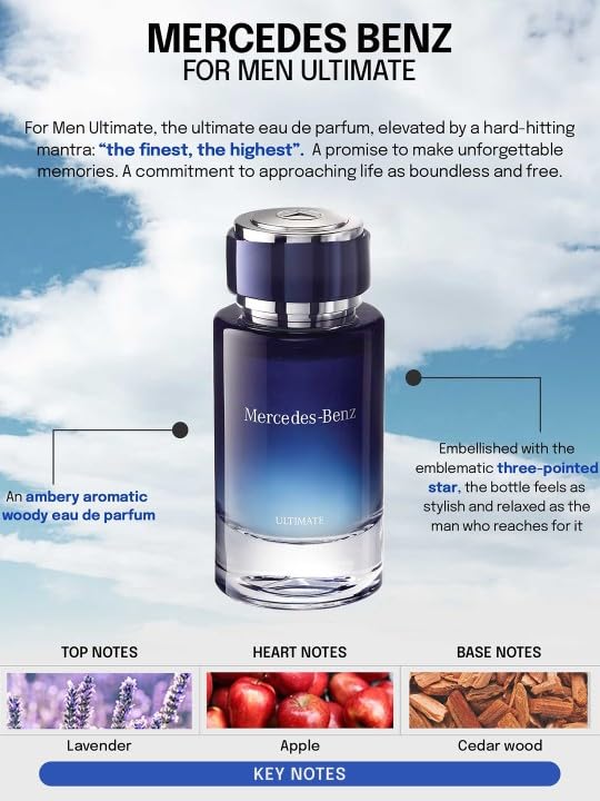 Mercedes Benz Ultimate Eau De Parfum Spray for Men - 4 Fl Oz - Luxury Long Lasting Fragrance with Notes Of Lavender, Apple & Cedar Wood - Perfume for Man