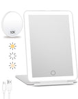 FUNTOUCH Rechargeable Travel Makeup Mirror with Lights and 10X Magnifying Mirrors, Portable Lighted Vanity Mirror with 80 Led,2000mAh Battery,3 Color Lighting,Touch Dimming,Tabletop Light up Mirror
