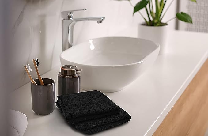 Softolle 100% Cotton Washcloths 24 Pack (12x12 Inches) Soft, Highly Absorbent Washcloth, Face Towels, Wash Cloths for Face, Ring Spun, Bulk Pack (Black)