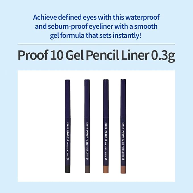 ETUDE Proof 10 Gel Pencil Liner 0.3g (#1 Black) | Creamy Gel Texture Eyeliner with Wearable Shades to Create Precise Line Eye Makeup without Efforts, Korean Makeup, Perfect for Gift