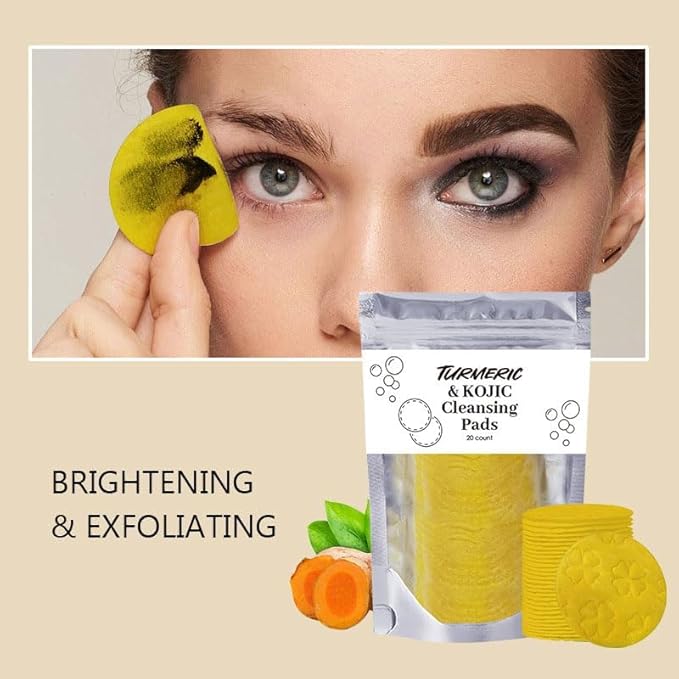 Turmeric Wash and Care 3 Piece Set, Turmeric Trio: Kojic Soap Bar/Facial Pads/Face Cleansing Wash with Brush, Jabon de Curcuma, Tumeric Soap Facial Cleaner Skincare Three Set for Face & Body (A)