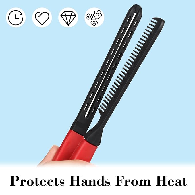 Chengu 2 Pcs Boar Bristles Clamp Double Sided Straightening Comb and Flat Iron Brush for Hair Styling and Straightening Knotty Unkempt Hair (Black, Rose Red)