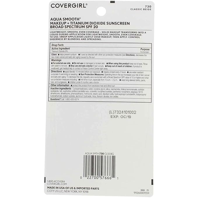 CoverGirl Aquasmooth SPF 20 Compact Foundation, 730 Classic Beige, 0.4 Ounce