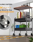 Rolling Cart with Wooden Tabletop, 3 Tier Metal Utility Cart, Rolling Storage Organizer Cart with Lockable Wheels for Kitchen, Office, Bedroom (Black)