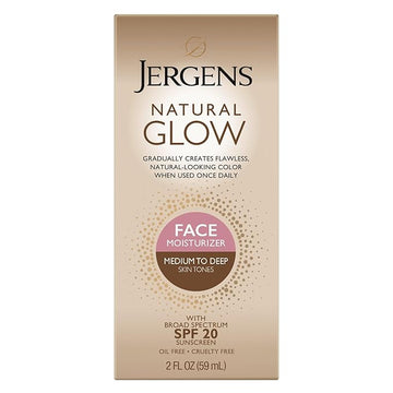 Jergens Natural Glow Self Tanner Face Moisturizer with SPF 20 Facial Sunscreen, Medium to Deep Skin Tone, Sunless Tanning, Oil Free, Broad Spectrum Protection UVA and UVB, 2 oz (Packaging May Vary)
