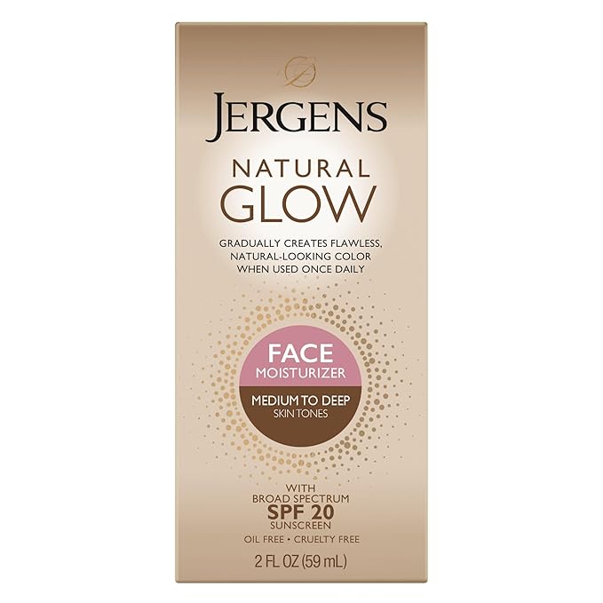 Jergens Natural Glow Self Tanner Face Moisturizer with SPF 20 Facial Sunscreen, Medium to Deep Skin Tone, Sunless Tanning, Oil Free, Broad Spectrum Protection UVA and UVB, 2 oz (Packaging May Vary)