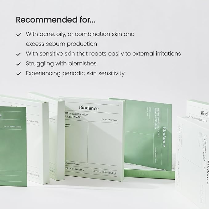 BIODANCE Refreshing Sea kelp Real Deep Mask, Overnight Hydrogel Mask, Calming, Oil & Sebum Control, Blemish Care, Korean Skincare, Stocking Stuffers for Teen Girls | 1.19oz(34g) x 4ea