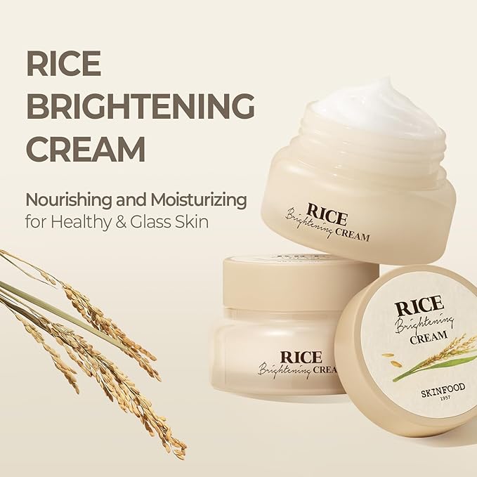 SKINFOOD Rice Brightening Cream, Korean Face Moisturizer with 48 Hours Fermented Rice Water, Korean Skin Care Rice Moisturizer for Natural Glow Glass Skin, Nourishing, Vegan, 60ml/2fl.oz.