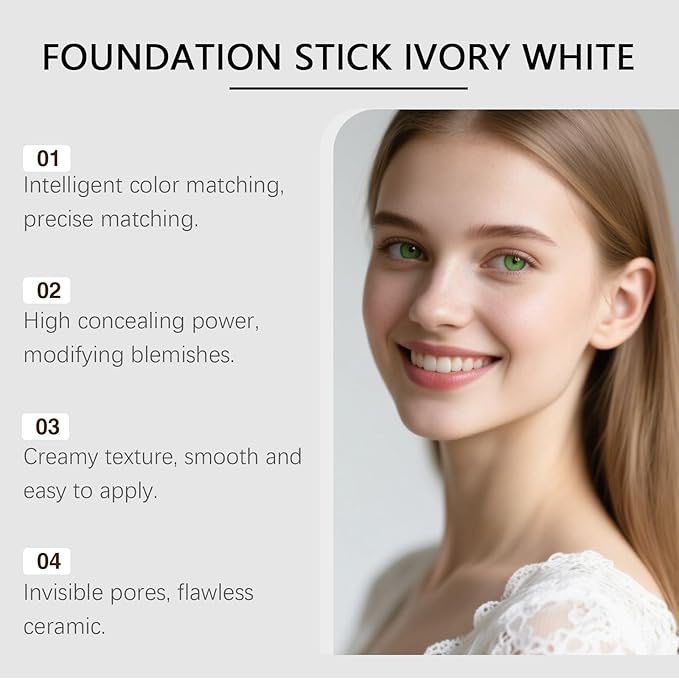 Blanc Cover Cream Stick,Korean Color-Changing Foundation Stick, Full Coverage Base Makeup， Dual-Ended with Detachable Brush for a Flawless Look (Ivory White)