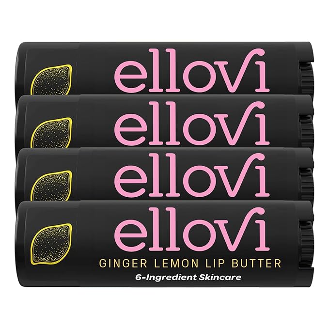 Ellovi Natural Lip Butter Lip Balm - Ginger Lemon - Pure Enough to Eat - Made With Just 6 Vegan Ingredients - 100% Natural & Organic Moisturizing Lip Care for All Day Hydration (4-Pack)