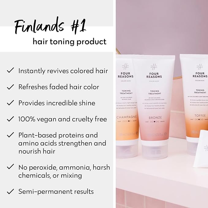FOUR REASONS Color Mask - Bronze - (27 Colors) Toning Treatment, Color Depositing Conditioner, Tone & Enhance Color-Treated Hair - Semi Permanent Hair Dye, Vegan and Cruelty-Free, 6.76 fl oz