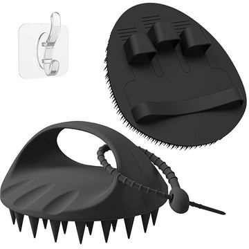 Manmihealth Silicone Hair Scalp Massager & Soft Bath Glove Set 2 PCS, Extra-large Shampoo Scalp Brush with Body & Face Scrubber for All Hair Skin Types with a Free Silicone Strap&Hook Style 2(Black*2)