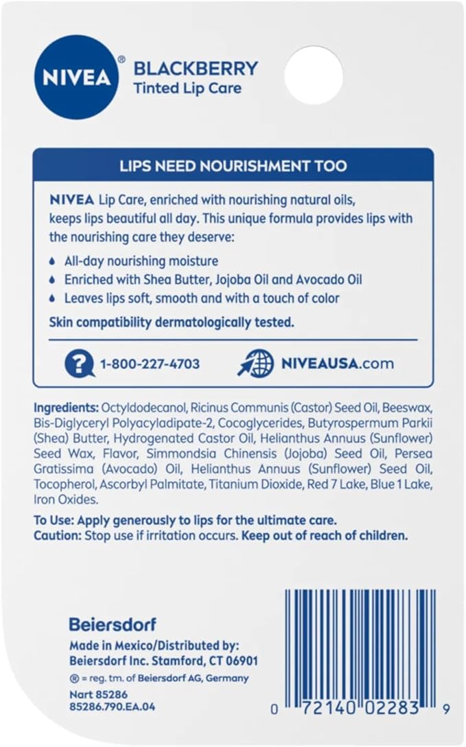 NIVEA Blackberry Lip Care, Tinted Lip Balm with Shea Butter, Nourishing Oils and Vitamin C & E, 3-in-1 Moisture, Repair (for Dry Lips) and Color, 0.17 Oz Stick