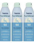 Coppertone Pure and Simple Zinc Oxide Mineral Sunscreen Spray SPF 50, Water Resistant Sunscreen for Sensitive Skin, Hypoallergenic and Fragrance Free, 5 Oz Can, Pack of 3