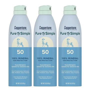 Coppertone Pure and Simple Zinc Oxide Mineral Sunscreen Spray SPF 50, Water Resistant Sunscreen for Sensitive Skin, Hypoallergenic and Fragrance Free, 5 Oz Can, Pack of 3