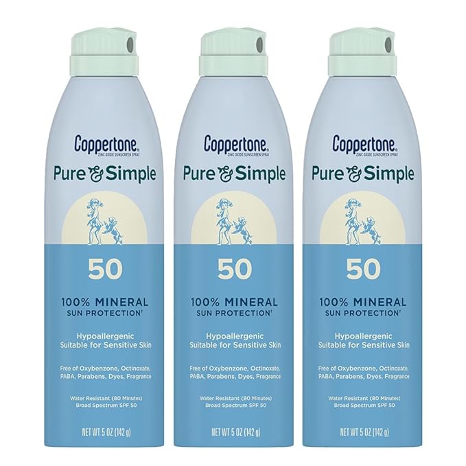 Coppertone Pure and Simple Zinc Oxide Mineral Sunscreen Spray SPF 50, Water Resistant Sunscreen for Sensitive Skin, Hypoallergenic and Fragrance Free, 5 Oz Can, Pack of 3