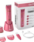 OLOV Electric Body Hair Trimmer - Groin Trimmer for Men - Bikini Trimmer Women - Wet/Dry Shaver Groomer, Replaceable Ceramic Blade Heads, USB Recharge Dock, Waterproof Hygiene Razor, Red