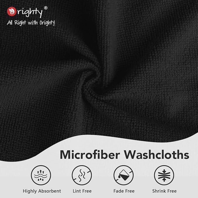 Orighty Wash Cloths Bulk Towels Set 200 Pack, Highly Absorbent and Soft Feel Microfiber Face Cloths, Multi-Purpose Washcloths & Hand Towels for Bathroom, Hotel, Spa, and Gym, 12x12 Inch, Black