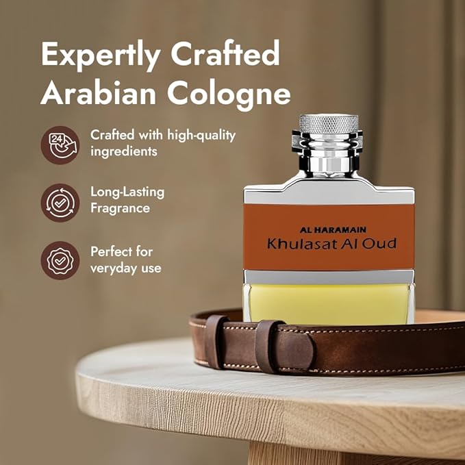 Al Haramain Khulasat Al Oud - Cologne for Men - Long Lasting Arabian Perfume for Men - Eau de Parfum Leather Fragrance with Rose, Amber and Musk- Arabic Perfume - 3.3 oz EDP Spray