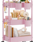 YASONIC 3-Tier Metal Rolling Cart, Heavy Duty Utility Cart with Lockable Wheels, Hanging Cups, Hooks, Mesh Rolling Storage Cart Craft Organizer, Lightweight and Sturdy, Pink