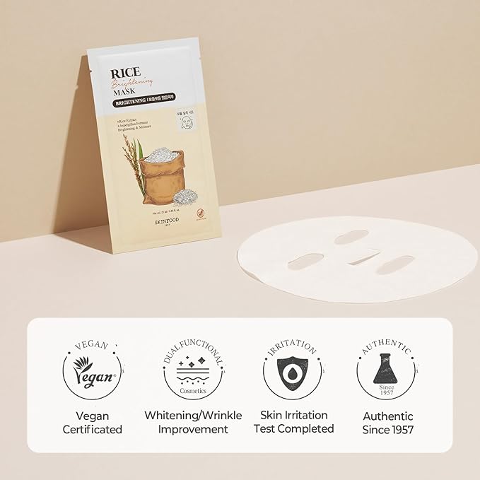 SKINFOOD Rice Daily Sheet Mask, Hydrating and Nourishing Face Mask with Rich Rice Essence, Vegan Korean Skincare for Smooth, Clear, Radiant Skin (10 EA)