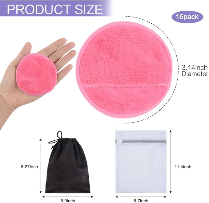 SUNLAND Reusable Makeup Remover Pads for Face,Eye,Lips 16 Pack Microfiber Face Cleansing Gloves Washable with Laundry Bag and Travel Bag Rounds Toner Pads（Round 3.15inchx16 Pink）