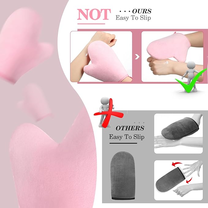 SATINIOR 4 Packs Self Tanning Mitt Applicators Double Sided Sunless Tanning Mittens Reusable Applicator Mittens Tanner Gloves with Thumb(Pink)