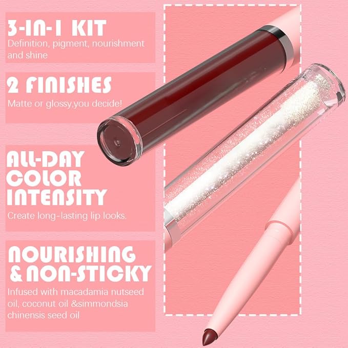 3-in-1Pink Nude Matte Lip Stain Kit | Waterproof Lip Liner + Hydrating Matte Lip Gloss + Nourishing Lip Oil | Long Lasting Plumping to Create Perfect Lip Makeup.06#