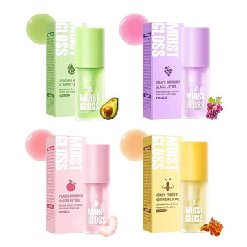 4Pcs Hydrating Lip Oil Set,Clear Lip Gloss,Long Lasting Nourishing Revitalizing for Dry Lips,Waterproof,Lip Gloss Base Flavoring Oil for Women Girls(Avocado+Grape+Peach+Honey)