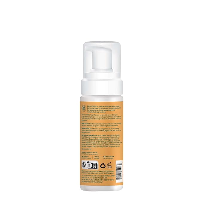 ATTITUDE Micellar Foaming Facial Cleanser, EWG Verified, Dermatologically Tested, Plant and Mineral-Based, Vegan, Orange Leaves, 5 Fl Oz