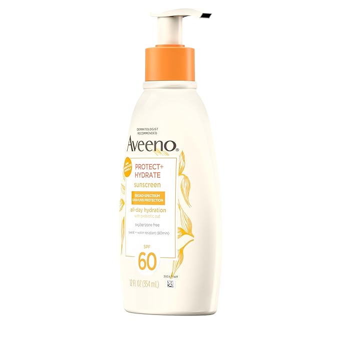 Aveeno Protect + Hydrate Sunscreen Moisturizing Lotion with Prebiotic Oat, Broad Spectrum SPF60, Paraben, & Oil Free, Weightless, Water & Sweat Resistant (80-min) for Sensitive Skin, 12 Fl Oz