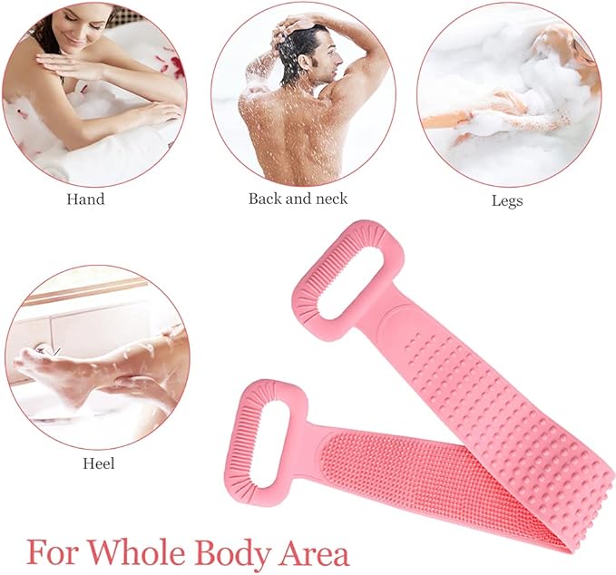 Inmorven Exfoliating Back Scrubber for Shower with Handles, 30 Inch Double-Sided Back Exfoliator Body Scrub Towel, Exfoliating Washcloth Bath Tool for use in Shower, Clean Skin for Men & Women (Pink)