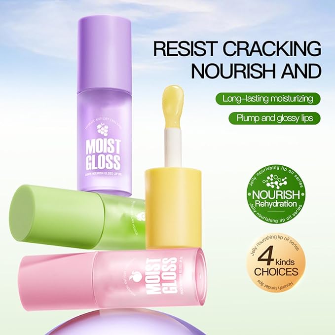 4Pcs Hydrating Lip Oil Set,Clear Lip Gloss,Long Lasting Nourishing Revitalizing for Dry Lips,Waterproof,Lip Gloss Base Flavoring Oil for Women Girls(Avocado+Grape+Peach+Honey)