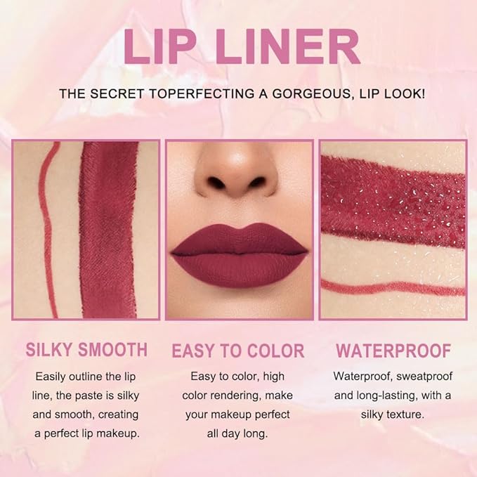 2-in-1 Dark Red Lip Liner & Lipstick Set Kit for Women, Matte Lips Kit with Lip Liner Lip Stains Long Lasting Waterproof 24 Hour Lipstick and Lip Liners Combo Lipliners Pencil Set 06