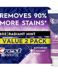 Crest 3D White Advanced Teeth Whitening Toothpaste, Radiant Mint, 3.3 oz, Pack of 2
