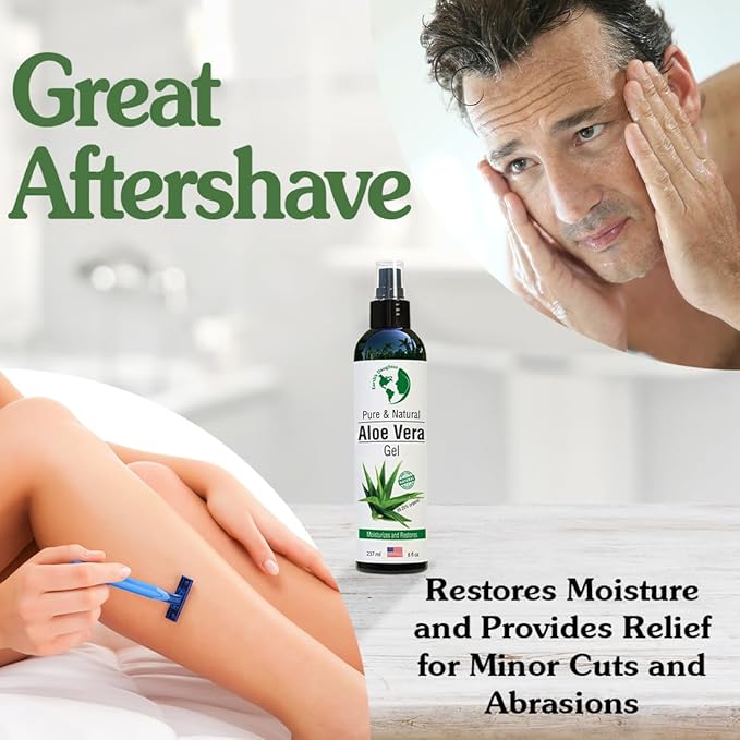 Earth’s Daughter Organic Aloe Vera Gel from Fresh Cut 100% Pure Organic Aloe leaves – Fast Absorbing for Face, Skin, Hair & Body – Vegan, Unscented, Natural - 8 Oz USA Made