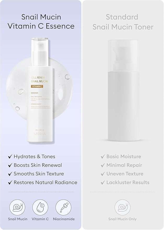 MISSHA Cell Renew Snail Mucin Vitamin C Essence Serum 3.38 Fl oz - Hydrating Korean Skincare for Glass Skin, Snail Mucin Serum for Improved Skin Texture & Complexion