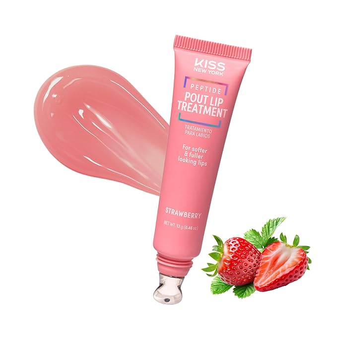 KISS NEW YORK Peptide Lip Treatment, Hydrating & Non-Sticky Tinted Plumping Balm, Shea Butter Castor Oil & Squalane Reduces Look of Fine Lines, Softer & Fuller Lips with Cooling Metal Tip (Strawberry)