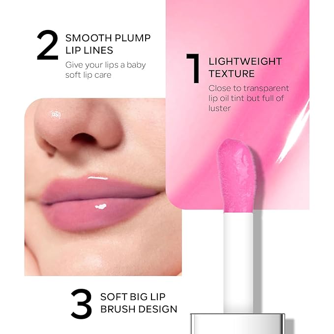 Hydrating Lip Glow Oil, Plumping Moisturizing Lip Oil Gloss, Smooth Lip Lines Plump Lip,Transparent Plumping Clear Glossy Tinted Balm Care 0.2Fl oz #Rosewood