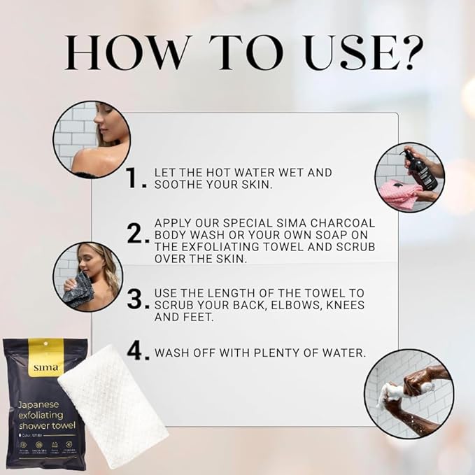 Exfoliating Washcloth Face & Body Scrub Towel - Japanese Exfoliating Towel with Hexagon Fibers, Body Scrubber with 2 Sides for Scrubbing & Washing, Extra Long (White, 2 Pack)