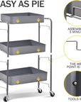 TOOLF 3-Tier Metal Rolling Cart with Wheels, Storage Utility Organizer Cart for Kitchen, Bathroom, Office, Baby Essentials & Makeup - Lockable Casters, Easy Assembly, Large Capacity, Gray