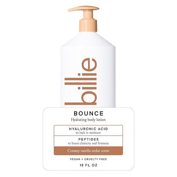 Billie Bounce Hydrating Women's Body Lotion, Vanilla Cedar Scent, with Hyaluronic Acid, 18 fl oz