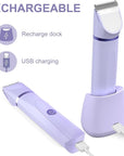 OLOV Electric Body Hair Trimmer - Groin Trimmer for Men - Bikini Trimmer Women - Wet/Dry Shaver Groomer, Replaceable Ceramic Blade Heads, USB Recharge Dock, Waterproof Hygiene Razor,Purple